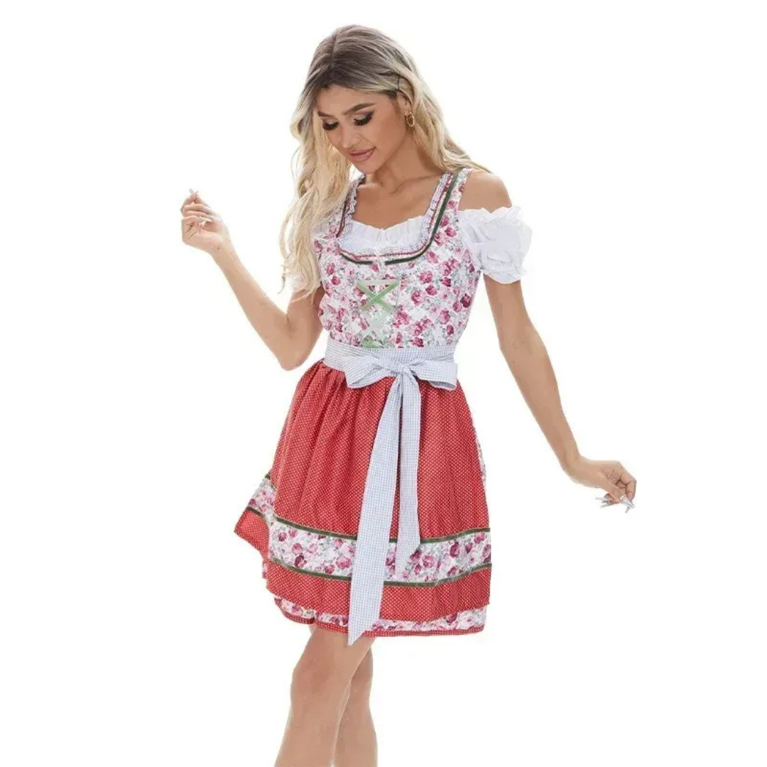 Dirndl floreale da donna con grembiule – Abito Oktoberfest con spalle scoperte per feste tradizionali
