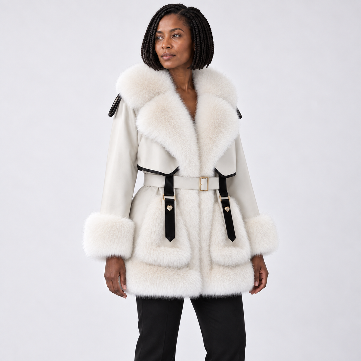 Casaco de inverno para mulher com acabamento de pelo e cinto - estilo marcante com gola e cintura com fivela para dias frios elegantes e visuais de noite