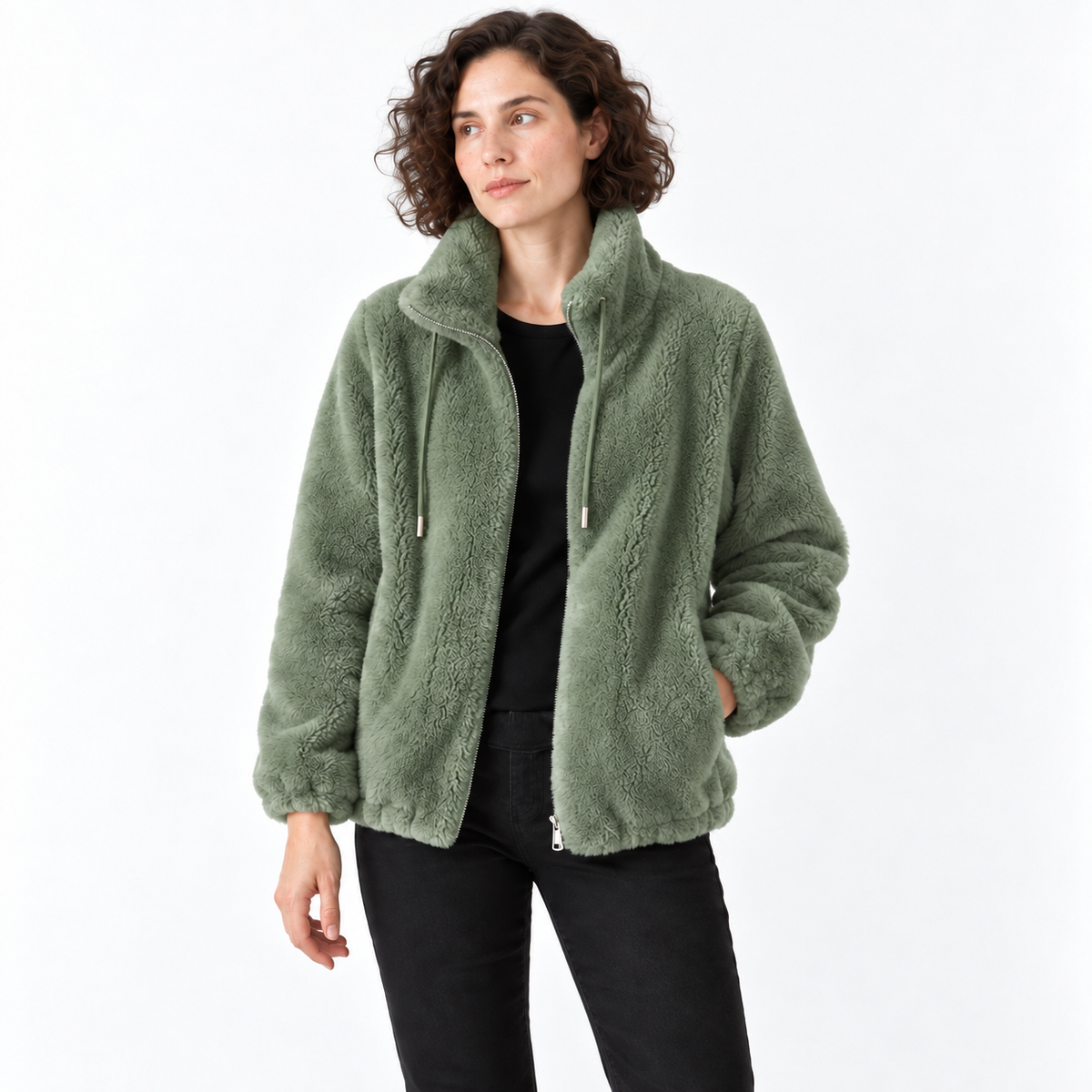 Women’s Textured Fleece Zip Jacket – High-Collar Drawstring Relaxed Layer for Cosy Autumn Winter Days and Casual Everyday Outfits