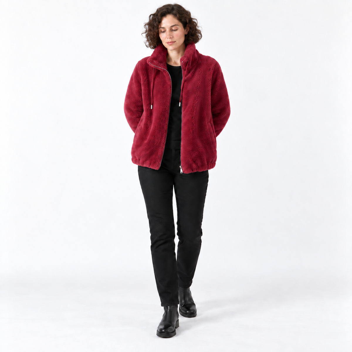 Women’s Textured Fleece Zip Jacket – High-Collar Drawstring Relaxed Layer for Cosy Autumn Winter Days and Casual Everyday Outfits
