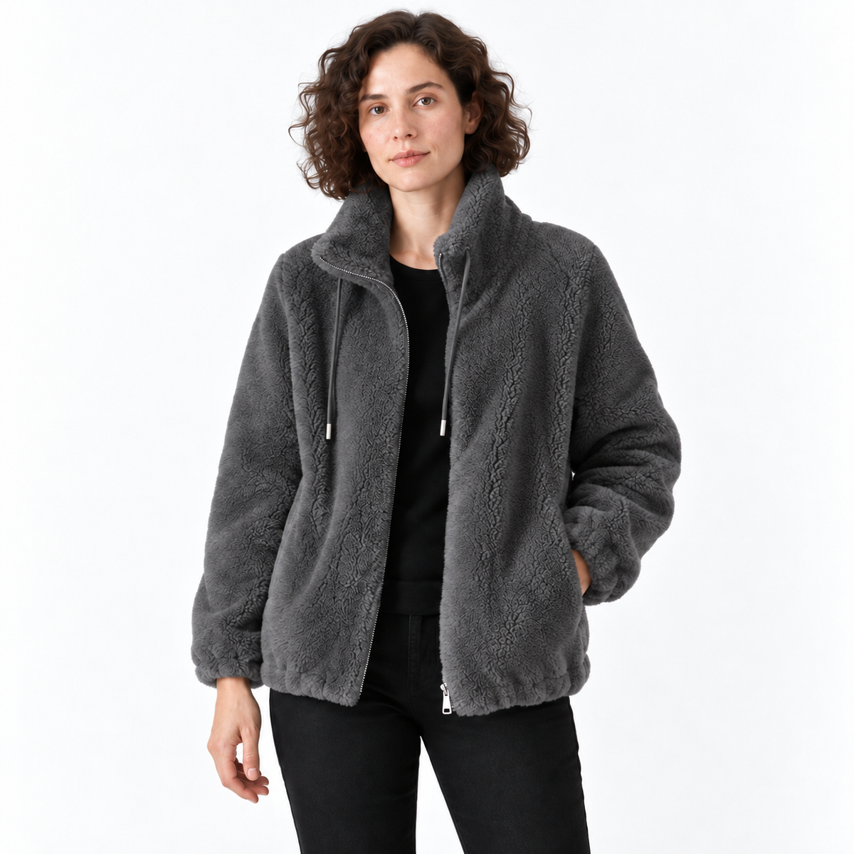 Women’s Textured Fleece Zip Jacket – High-Collar Drawstring Relaxed Layer for Cosy Autumn Winter Days and Casual Everyday Outfits
