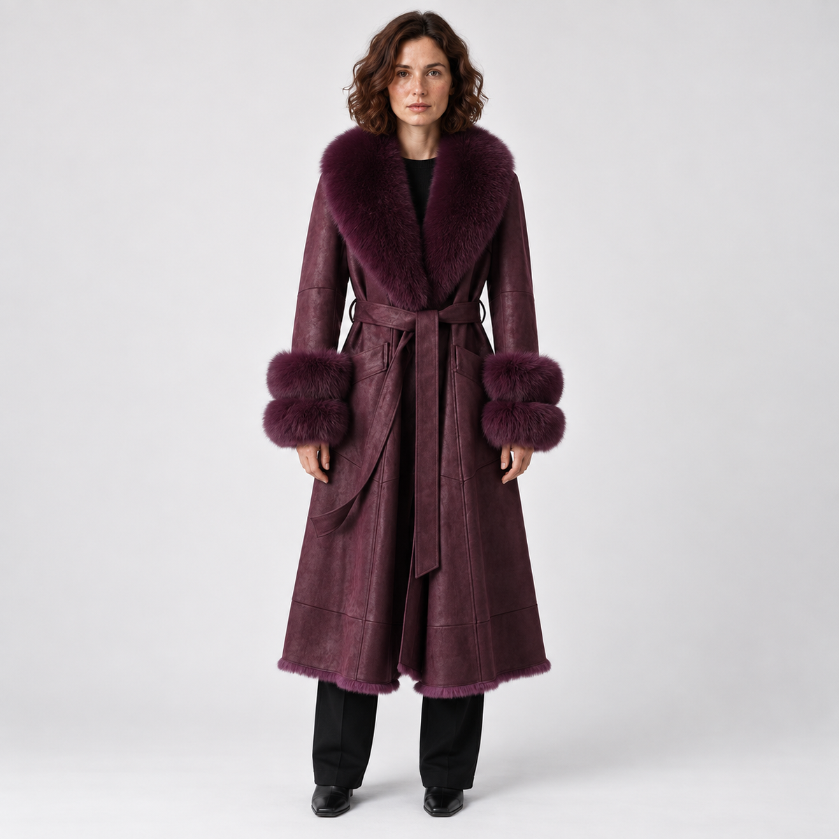 Damen-Langmantel mit Kunstpelzbesatz – Elegante Oberbekleidung mit Gürtel für winterliche Kälte