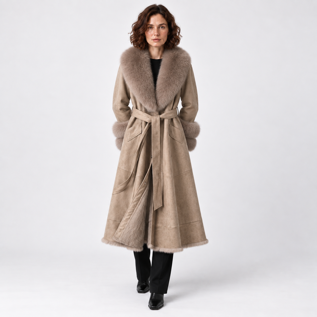Damen-Langmantel mit Kunstpelzbesatz – Elegante Oberbekleidung mit Gürtel für winterliche Kälte