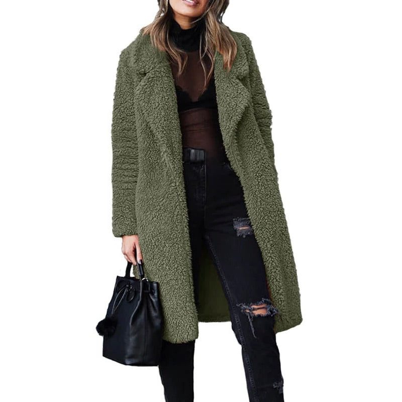 Abrigo teddy largo para mujer - Chaqueta de sherpa abierta por delante con corte relajado para superponer prendas en climas fríos