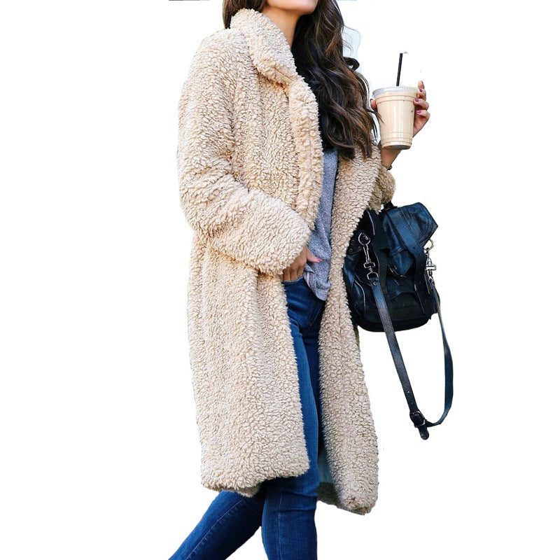 Abrigo teddy largo para mujer - Chaqueta de sherpa abierta por delante con corte relajado para superponer prendas en climas fríos