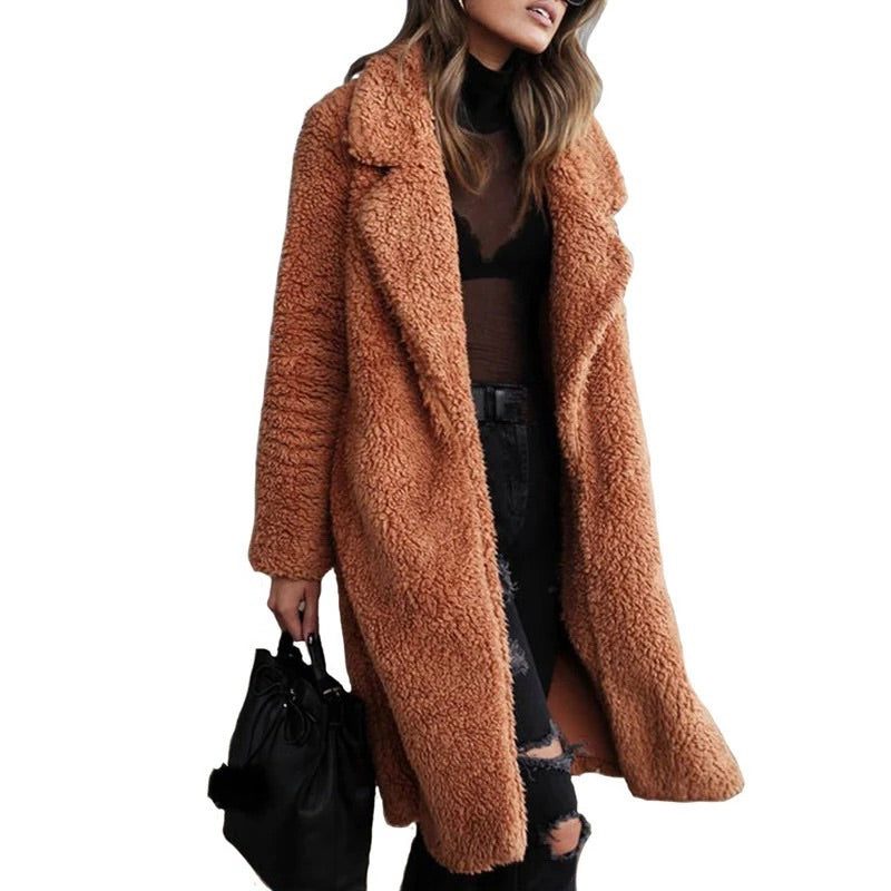 Abrigo teddy largo para mujer - Chaqueta de sherpa abierta por delante con corte relajado para superponer prendas en climas fríos