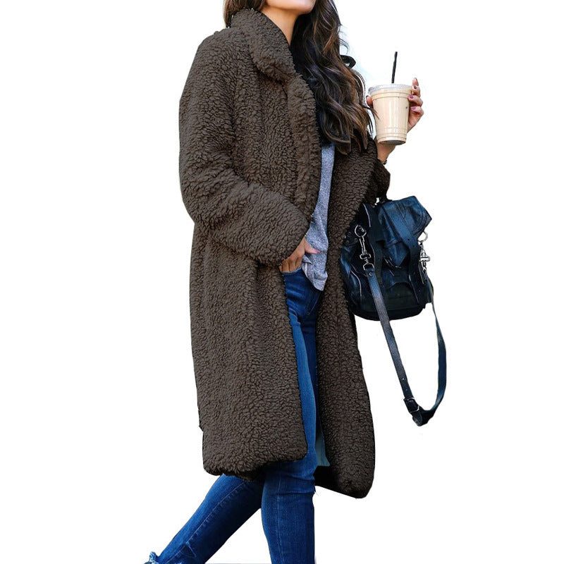 Abrigo teddy largo para mujer - Chaqueta de sherpa abierta por delante con corte relajado para superponer prendas en climas fríos