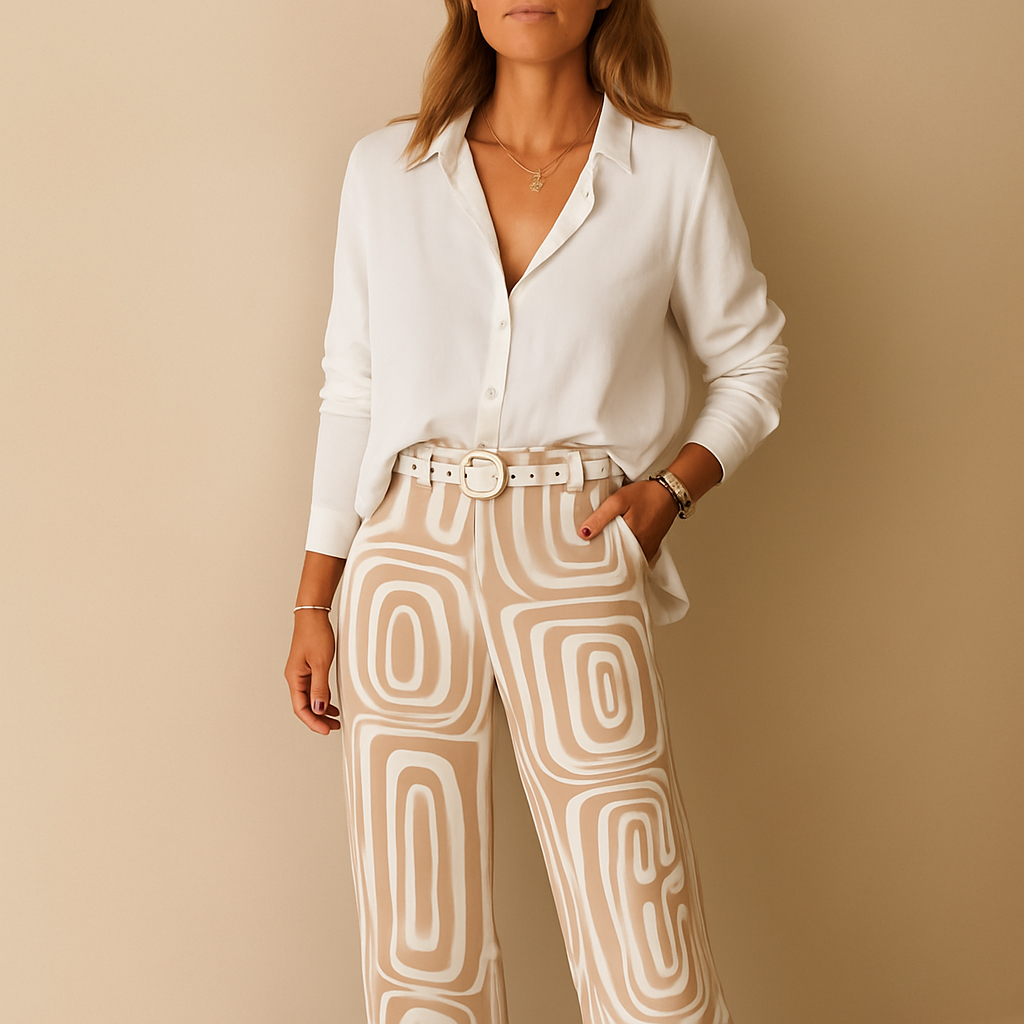 Dámská dvoudílná souprava s halenkou a kalhotami s potiskem – uvolněný smart casual outfit do práce i na každý den