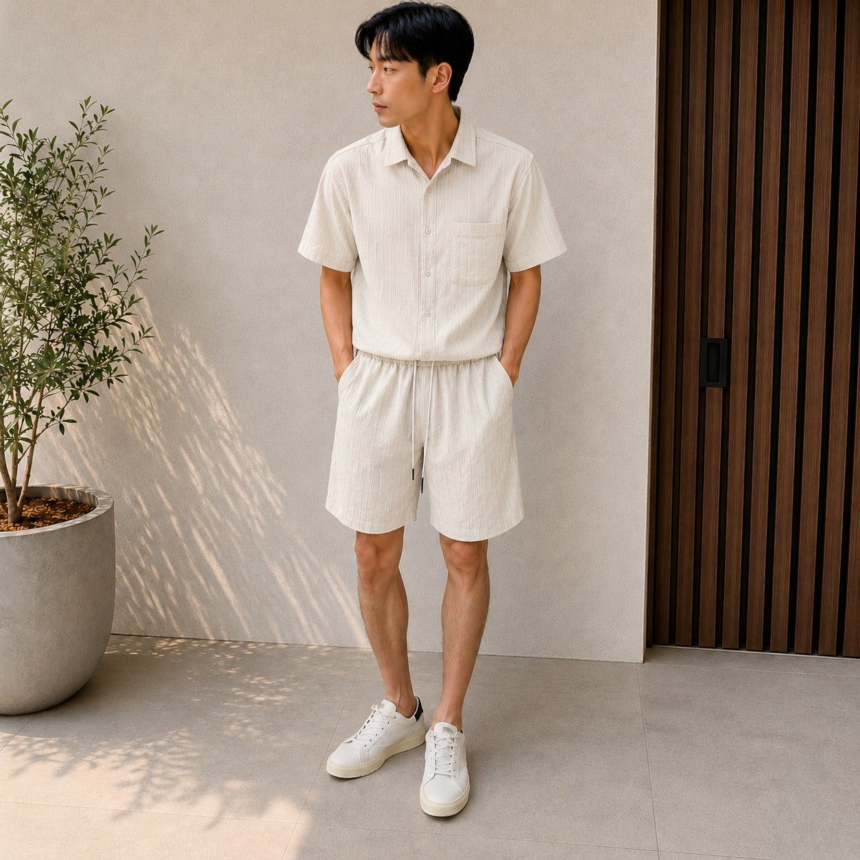 Ensemble deux pièces texturé pour homme à manches courtes – tenue d’été décontractée avec chemise et short