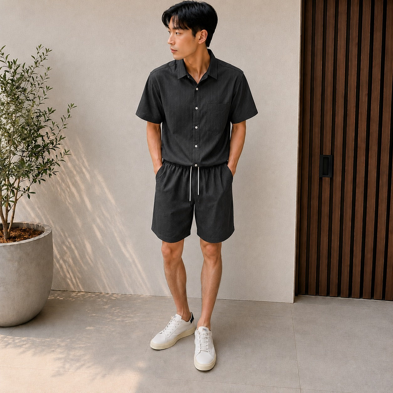 Ensemble deux pièces texturé pour homme à manches courtes – tenue d’été décontractée avec chemise et short