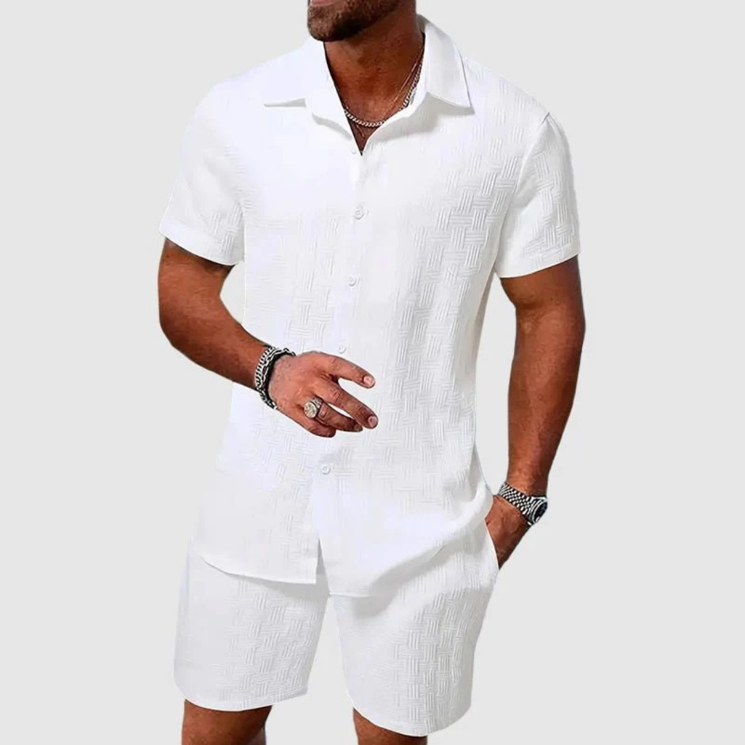Ensemble deux pièces texturé pour homme à manches courtes – tenue d’été décontractée avec chemise et short
