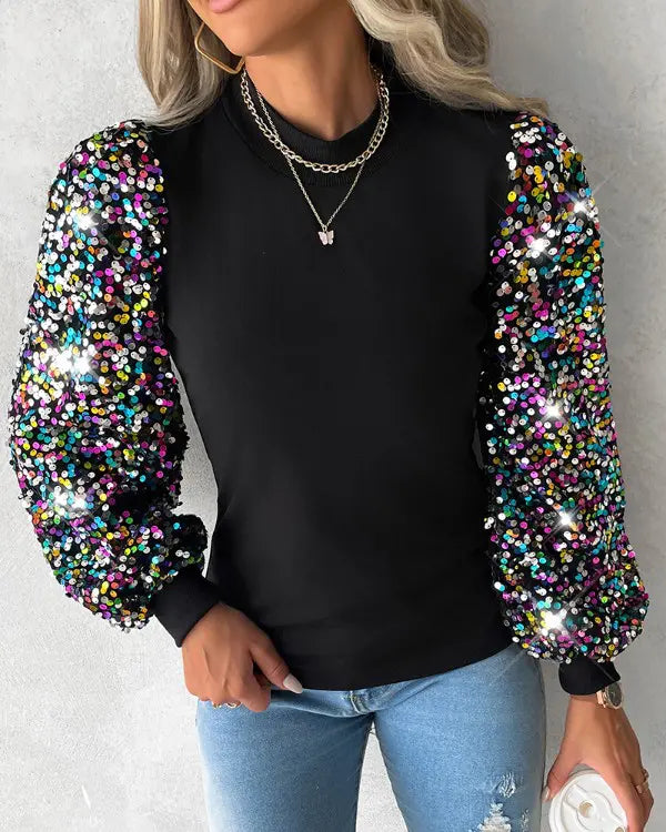Women’s Colourful Balloon Sleeve Blouse with Contrast Panels, Sequin Details and Chic Everyday Wea