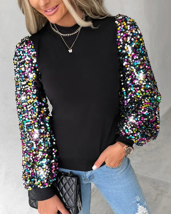 Women’s Colourful Balloon Sleeve Blouse with Contrast Panels, Sequin Details and Chic Everyday Wea
