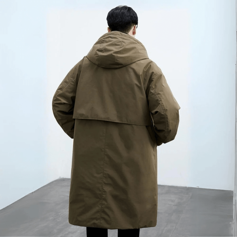 Men’s Hooded Longline Trench Coat – Double-Closure Straight-Fit Outerwear with Practical Pockets for Autumn Winter and Travel