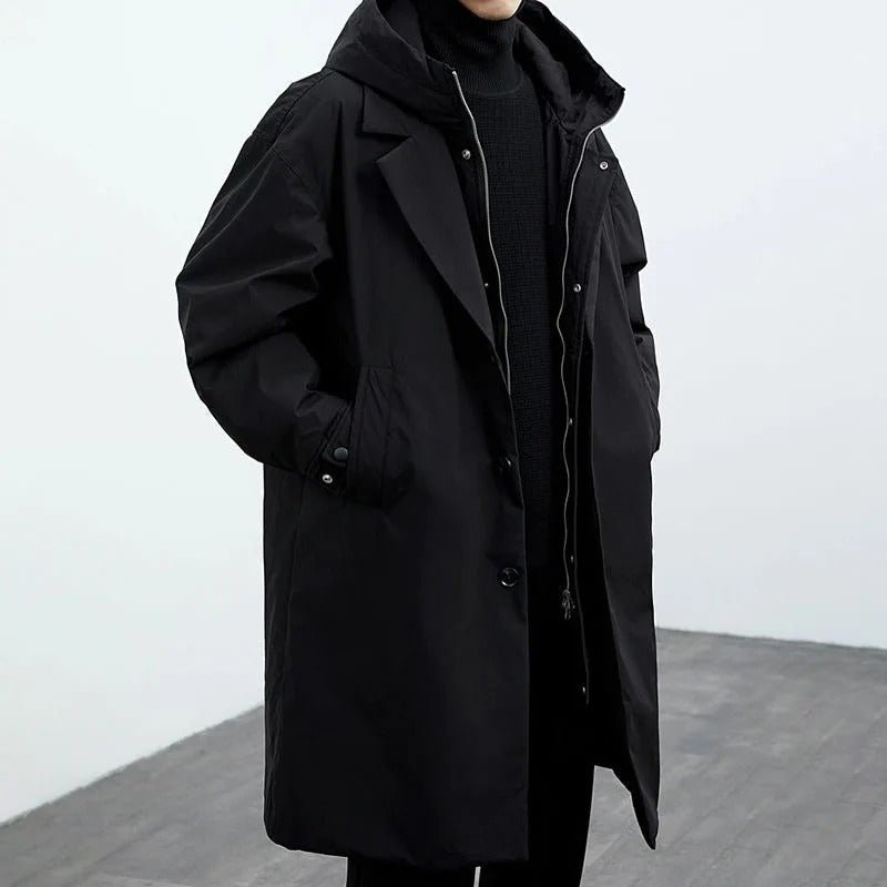 Men’s Hooded Longline Trench Coat – Double-Closure Straight-Fit Outerwear with Practical Pockets for Autumn Winter and Travel