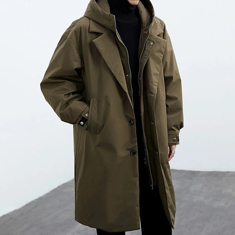 Men’s Hooded Longline Trench Coat – Double-Closure Straight-Fit Outerwear with Practical Pockets for Autumn Winter and Travel