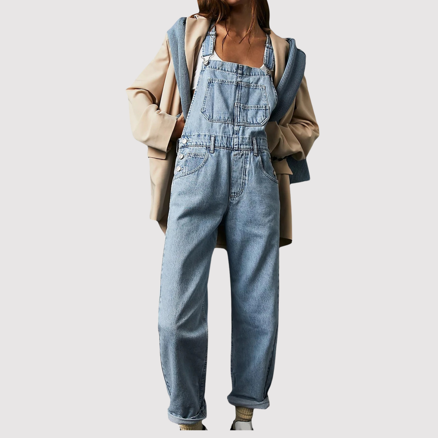 Tuta donna in denim morbido con tasche e dettagli