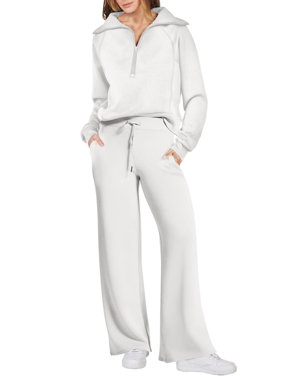 Women’s Two-Piece Jogging Set – Half-Zip Hooded Top and Wide-Leg Sweatpants with Drawstring Waist
