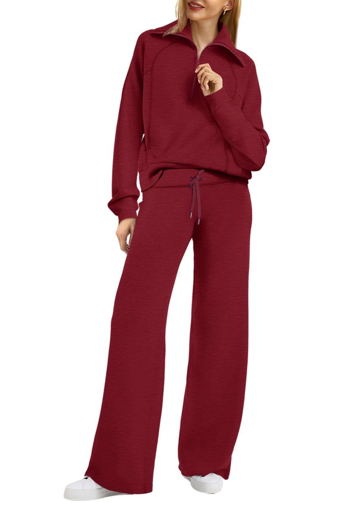 Women’s Two-Piece Jogging Set – Half-Zip Hooded Top and Wide-Leg Sweatpants with Drawstring Waist