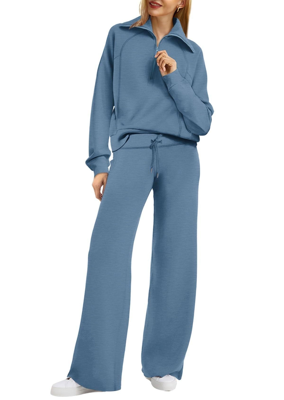 Women’s Two-Piece Jogging Set – Half-Zip Hooded Top and Wide-Leg Sweatpants with Drawstring Waist