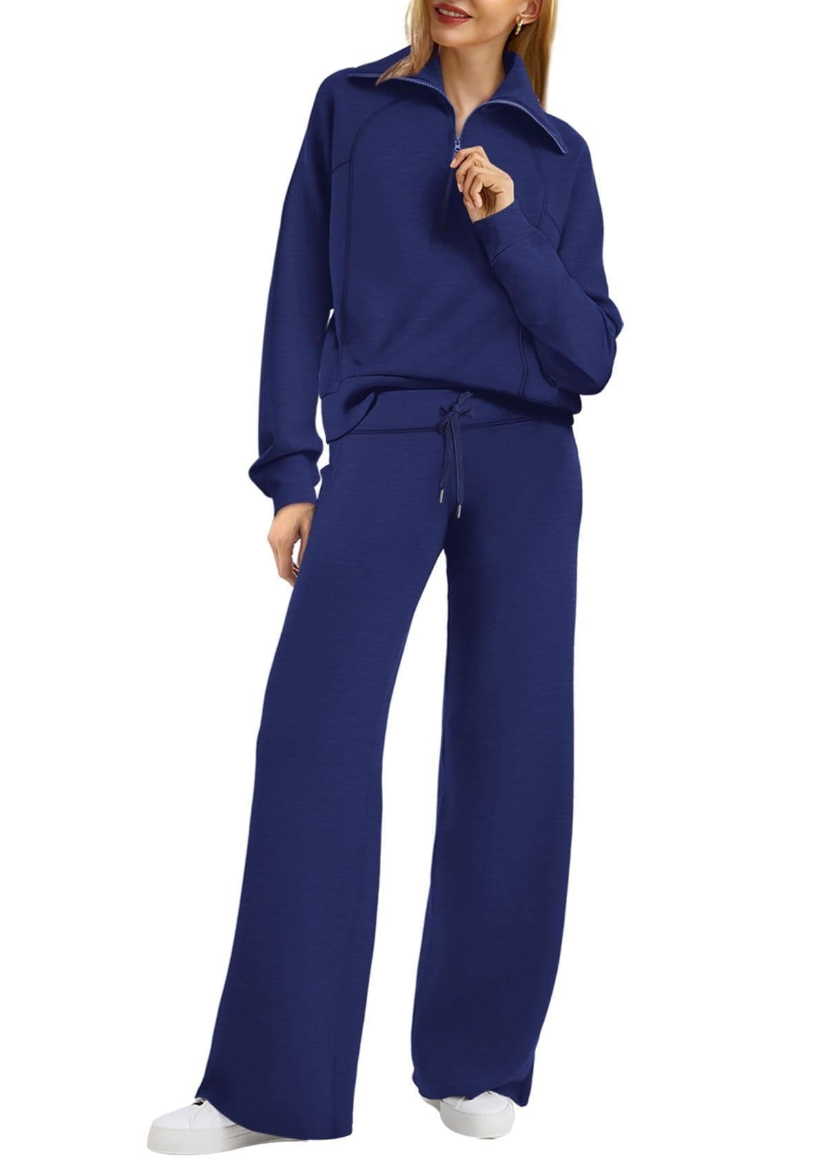 Women’s Two-Piece Jogging Set – Half-Zip Hooded Top and Wide-Leg Sweatpants with Drawstring Waist