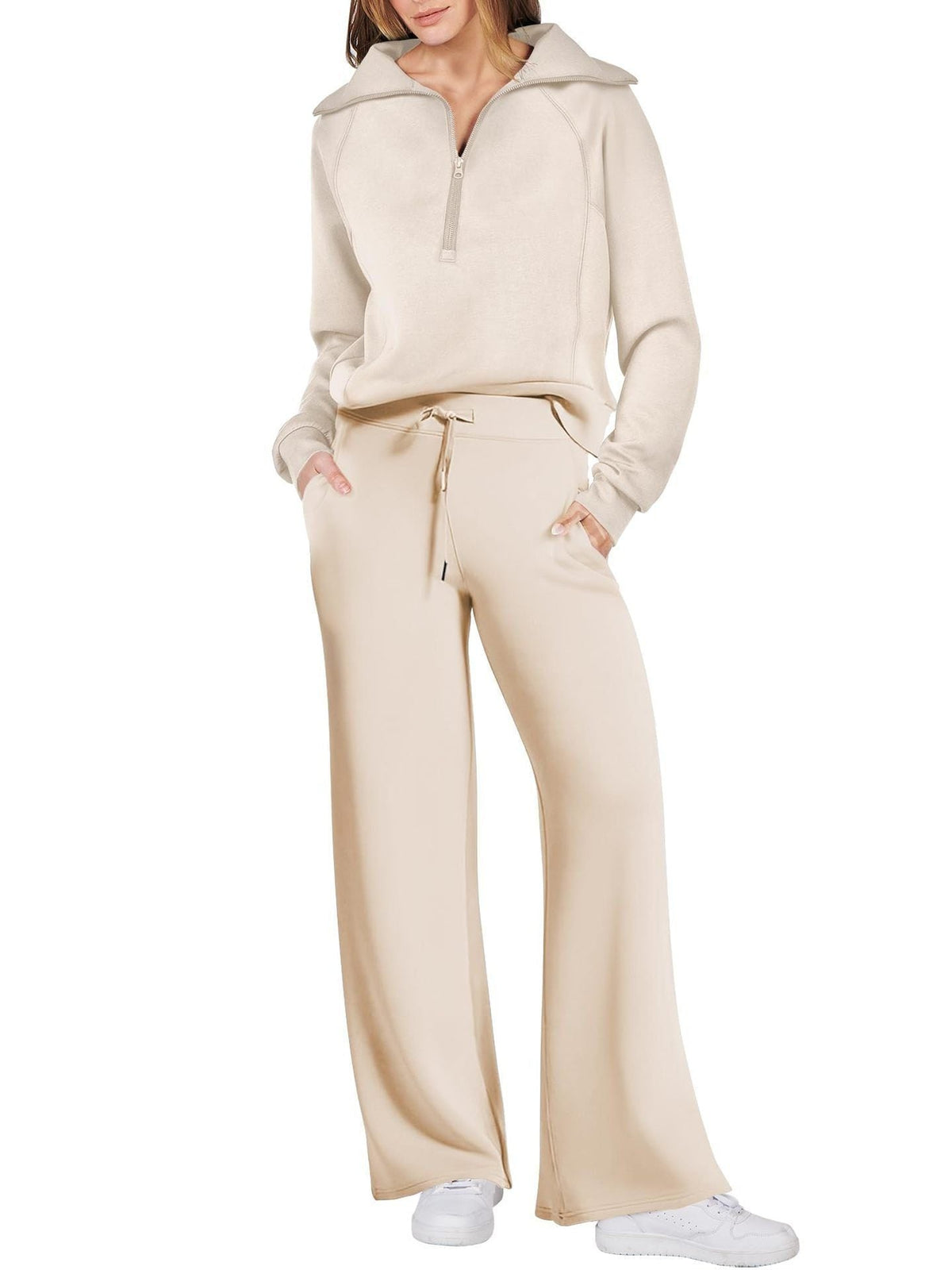 Women’s Two-Piece Jogging Set – Half-Zip Hooded Top and Wide-Leg Sweatpants with Drawstring Waist