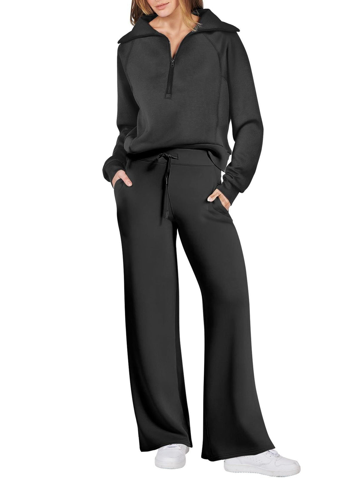 Women’s Two-Piece Jogging Set – Half-Zip Hooded Top and Wide-Leg Sweatpants with Drawstring Waist