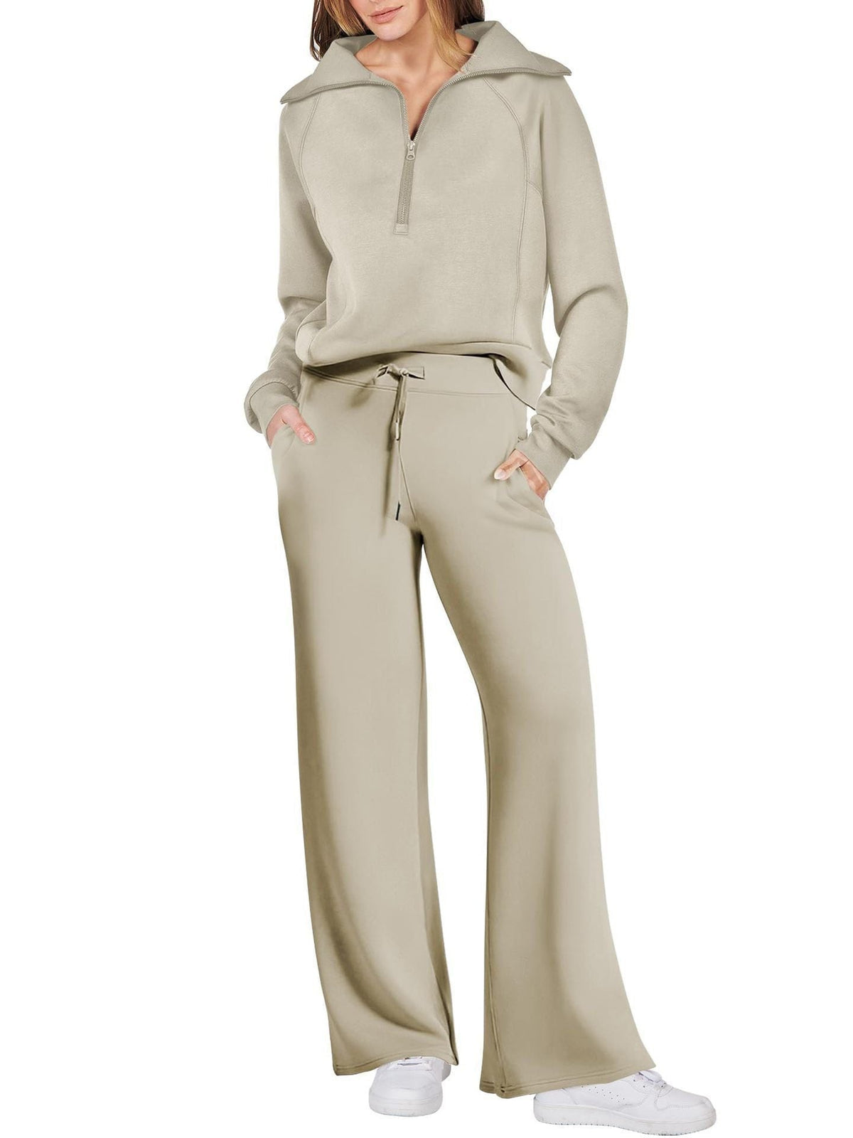 Women’s Two-Piece Jogging Set – Half-Zip Hooded Top and Wide-Leg Sweatpants with Drawstring Waist