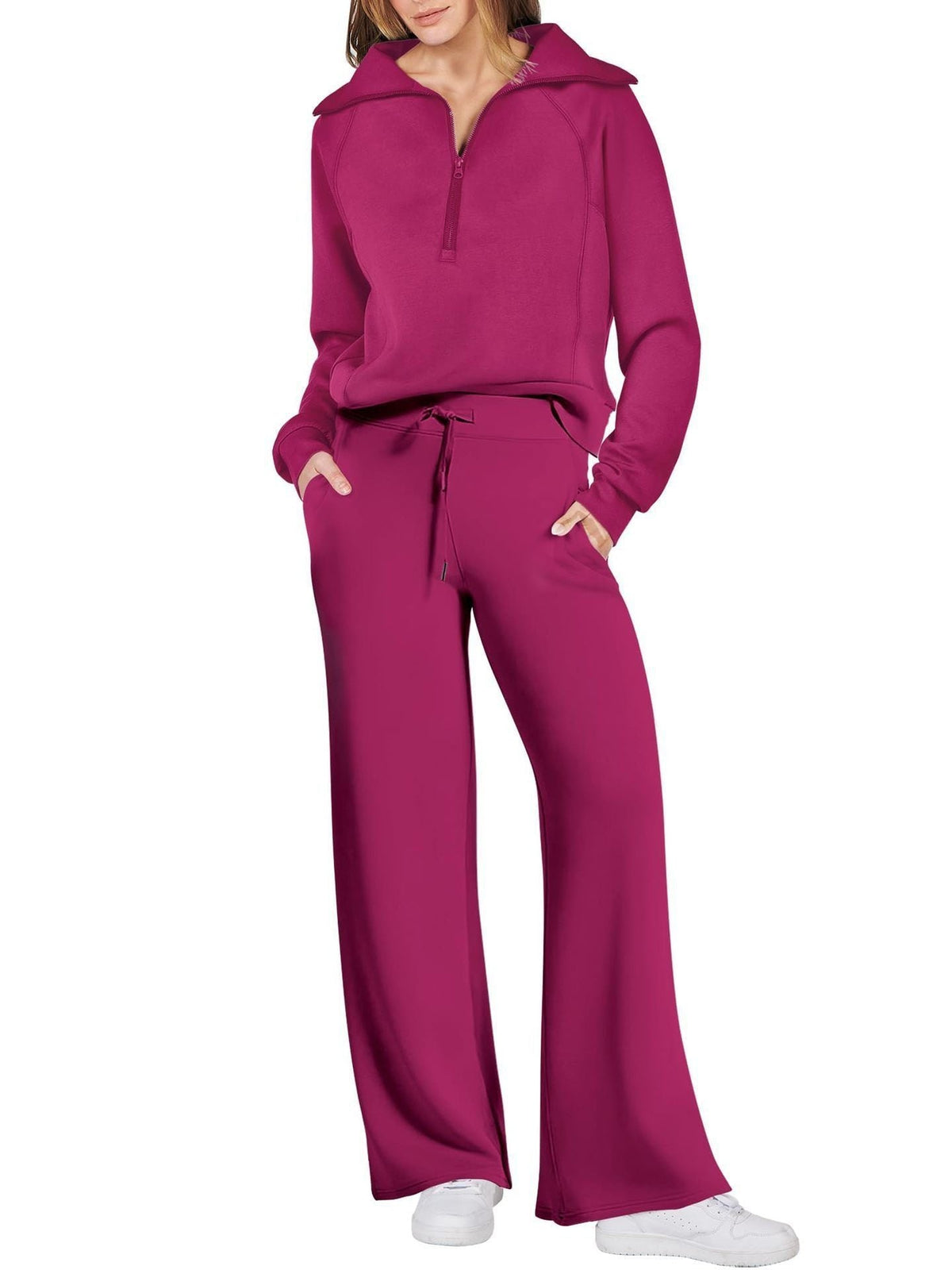 Women’s Two-Piece Jogging Set – Half-Zip Hooded Top and Wide-Leg Sweatpants with Drawstring Waist