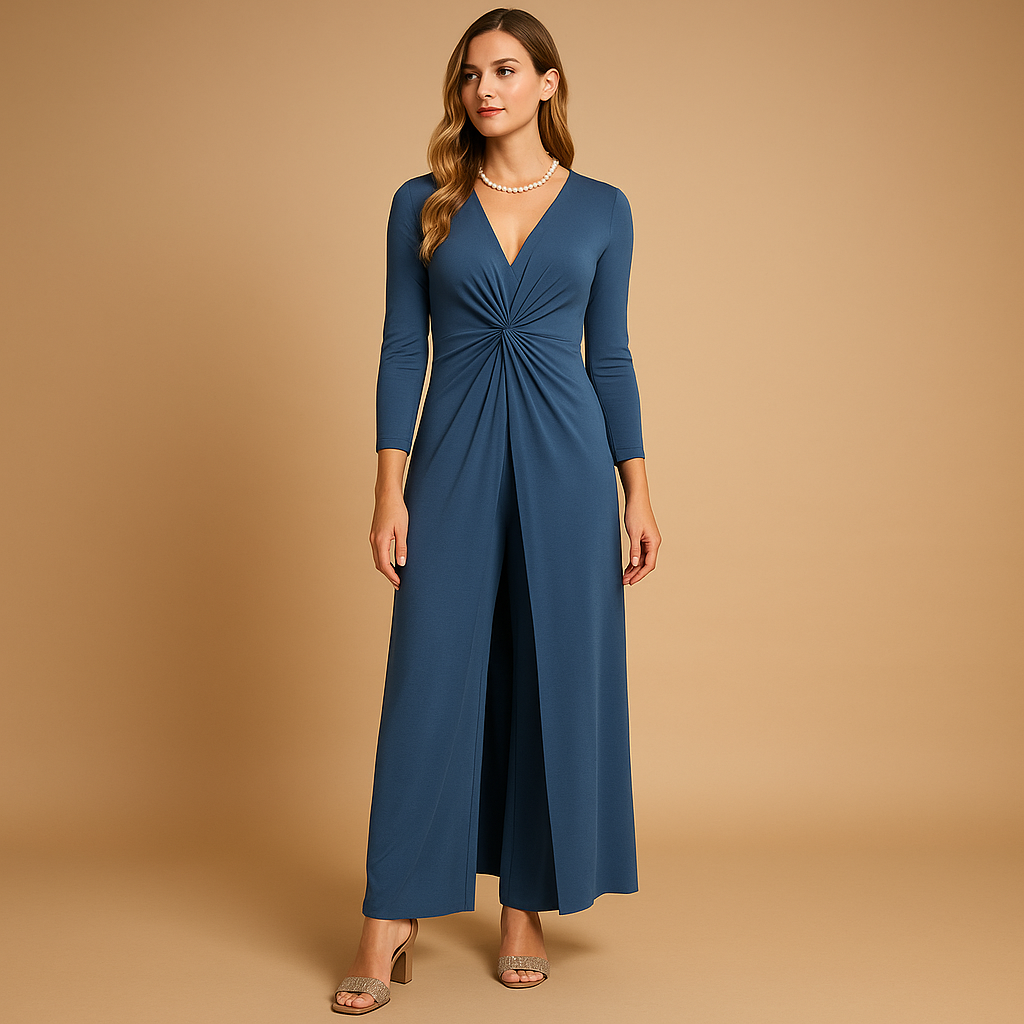 Women’s V-Neck Wide-Leg Jumpsuit – Waist-Defined Three-Quarter-Sleeve Style for Dinners Weddings Evening Events Travel and Elegant Occasion Dressing