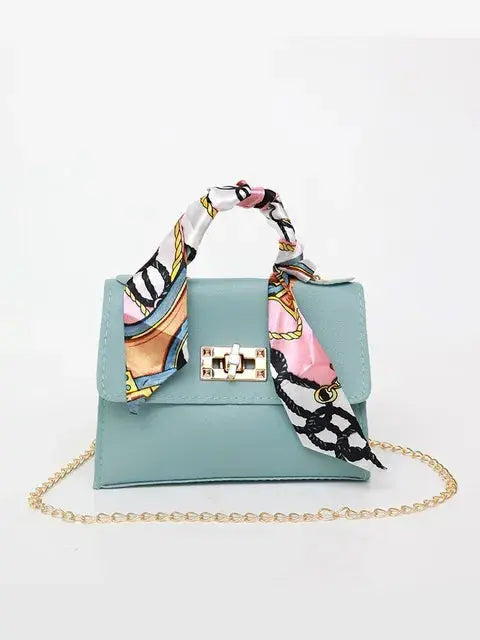 Women’s Structured Chain Handbag Printed Scarf Handle Shoulder Bag