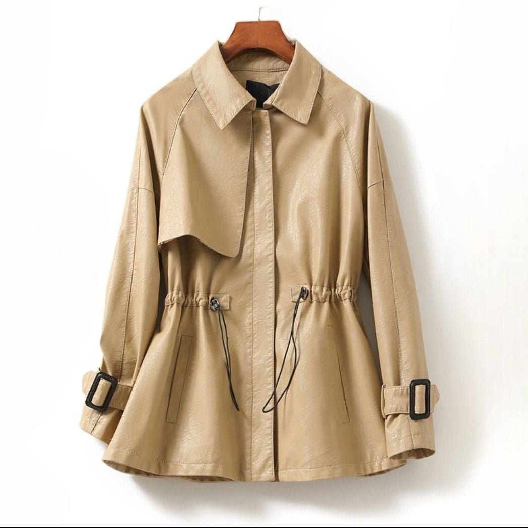 Women’s Leather-Look Drawstring Waist Jacket – Collared Longline Coat with Adjustable Cuffs for Smart Casual City Wear
