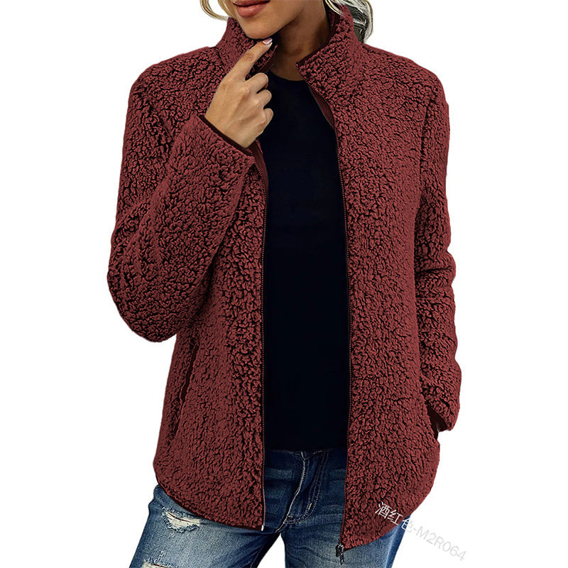 Dámská sherpa bunda na zip – hřejivý fleece kabátek s vysokým límcem a bočními kapsami