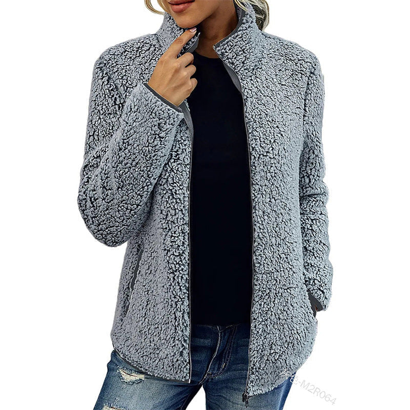 Dámská sherpa bunda na zip – hřejivý fleece kabátek s vysokým límcem a bočními kapsami