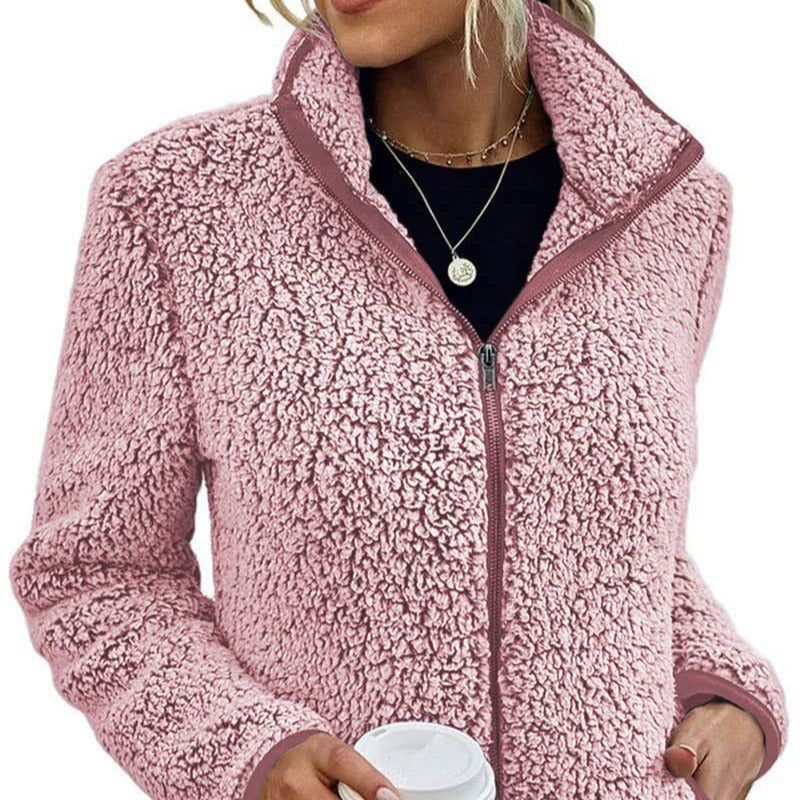 Dámská sherpa bunda na zip – hřejivý fleece kabátek s vysokým límcem a bočními kapsami
