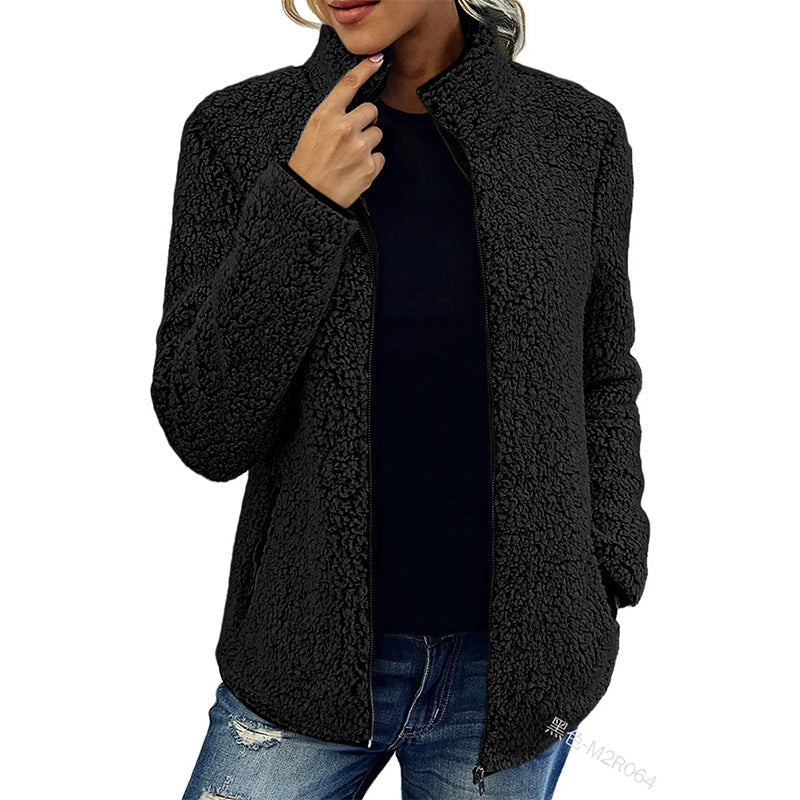 Giacca in pile teddy da donna con collo alto – Morbido cappotto in sherpa con cerniera e tasche laterali per l’autunno e il tempo libero di tutti i giorni