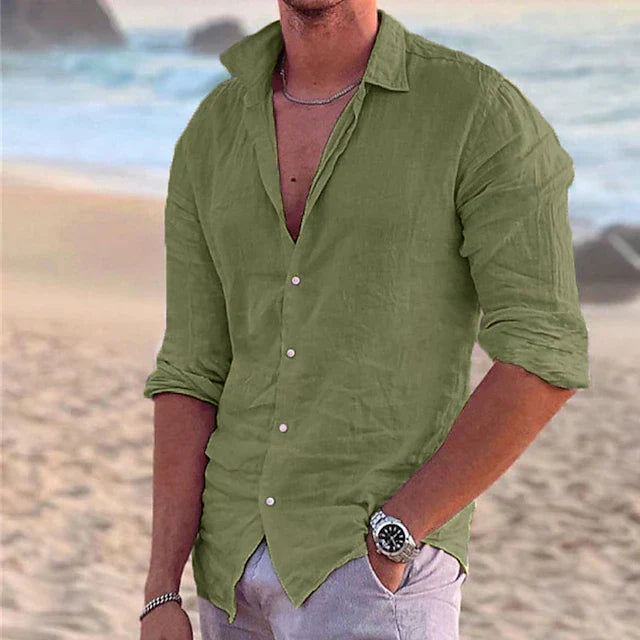 Camisa veraniega entallada de manga larga para hombre - Camisa ligera con botones para vacaciones y el uso diario informal