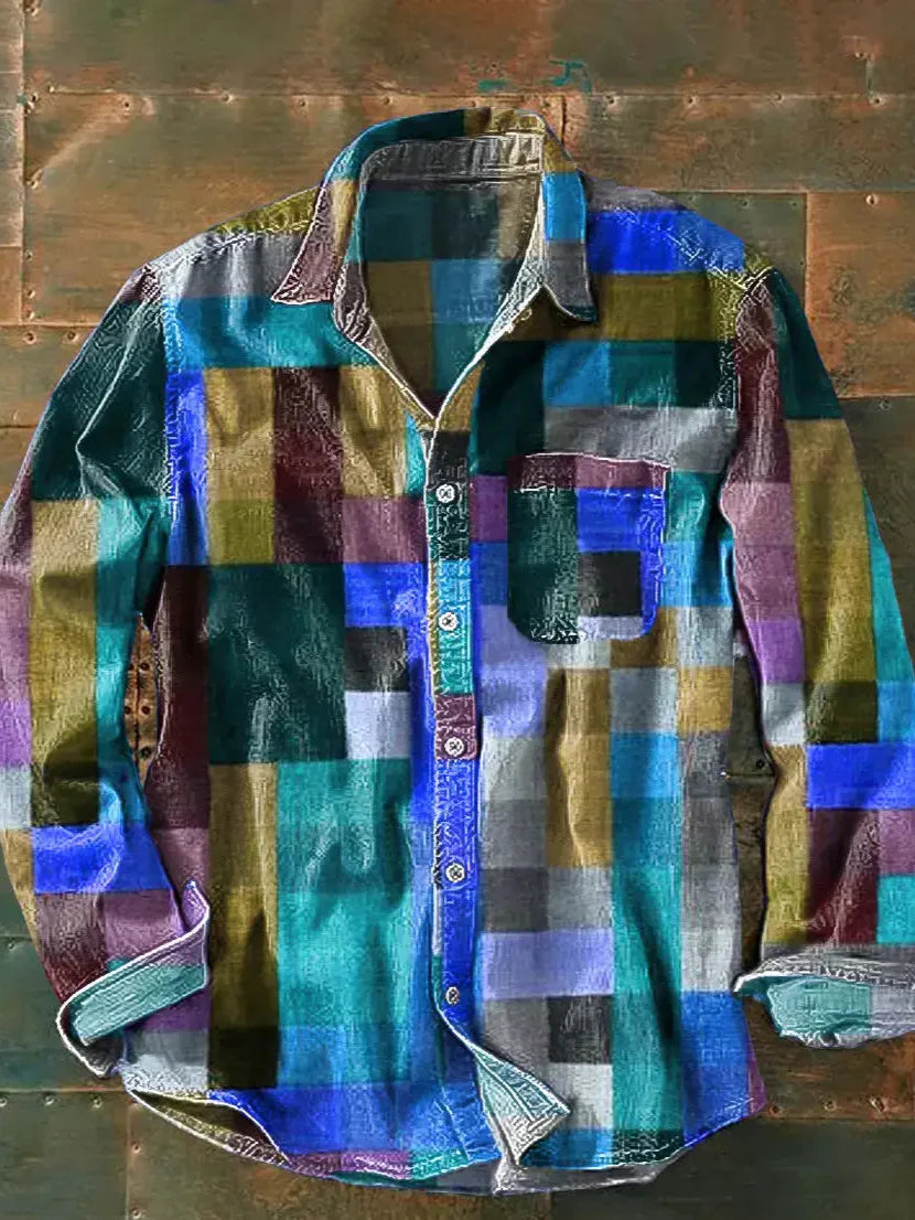 Camisa de manga comprida estampada para homem – camisa casual de corte descontraído com botões, ideal para fins de semana e viagens