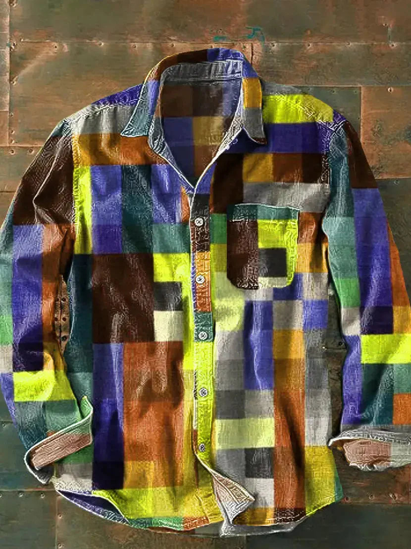 Camisa de manga comprida estampada para homem – camisa casual de corte descontraído com botões, ideal para fins de semana e viagens
