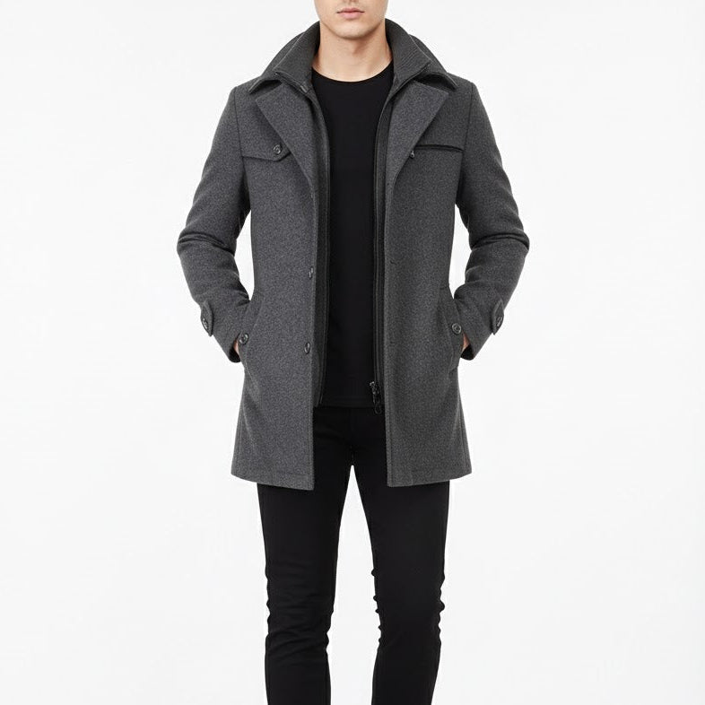Men’s Wool Winter Coat – Stand-Collar Button-Front Overcoat with Zip Closure and Utility Pockets for Cold-Weather Wear