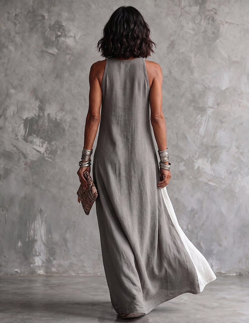 Vestido Maxi de Linho e Algodão para Mulher com Blocos de Cor