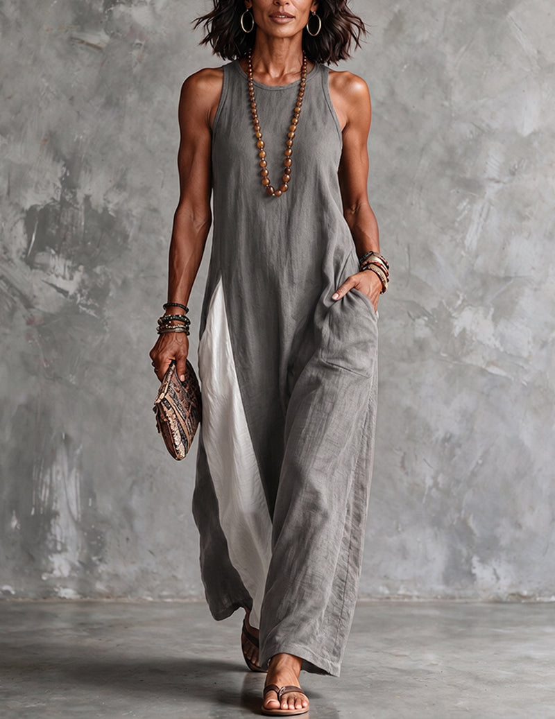 Vestido Maxi de Linho e Algodão para Mulher com Blocos de Cor