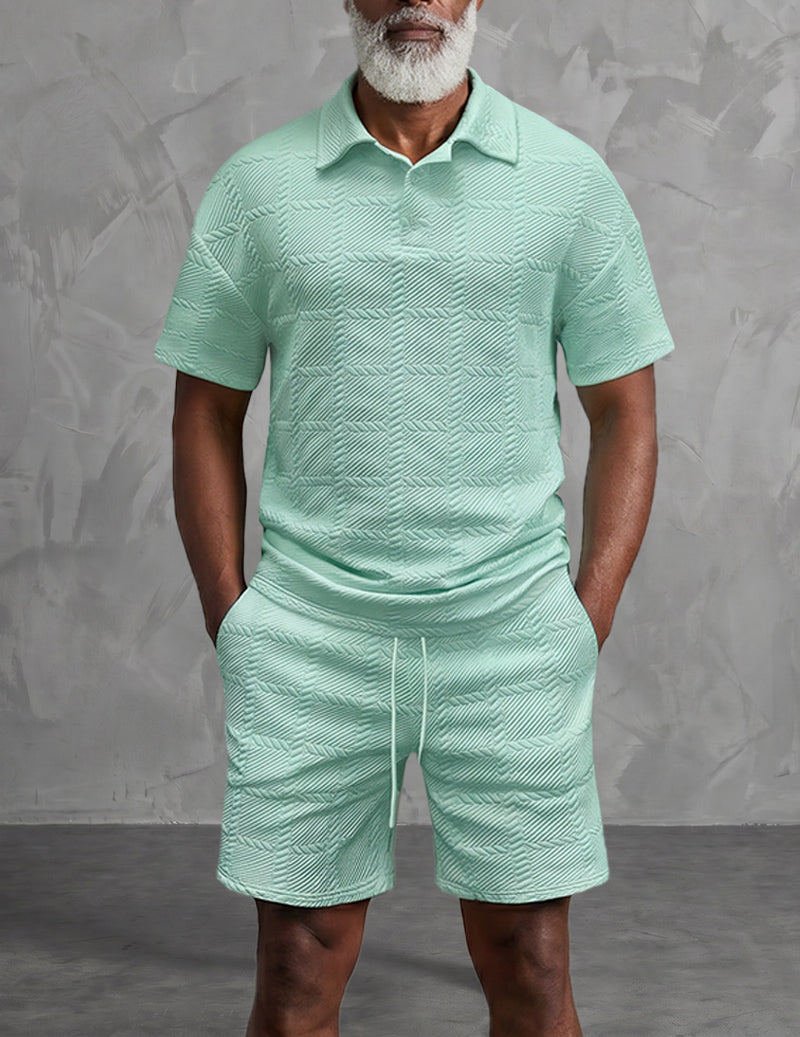 Men’s Textured Polo Shirt and Shorts Outfit Set