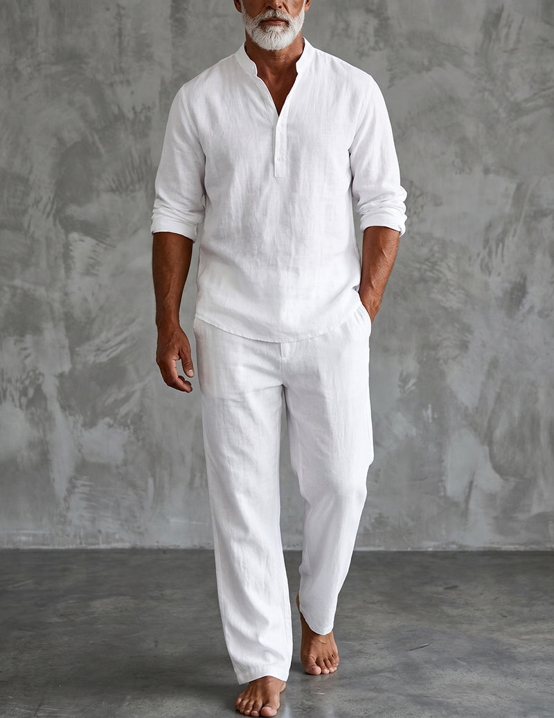 Conjunto de lino para hombre con camisa Henley y pantalones relajados
