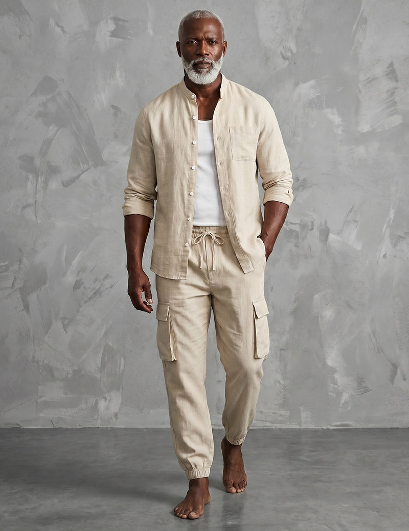Ensemble cargo en lin pour homme avec chemise à col mandarin