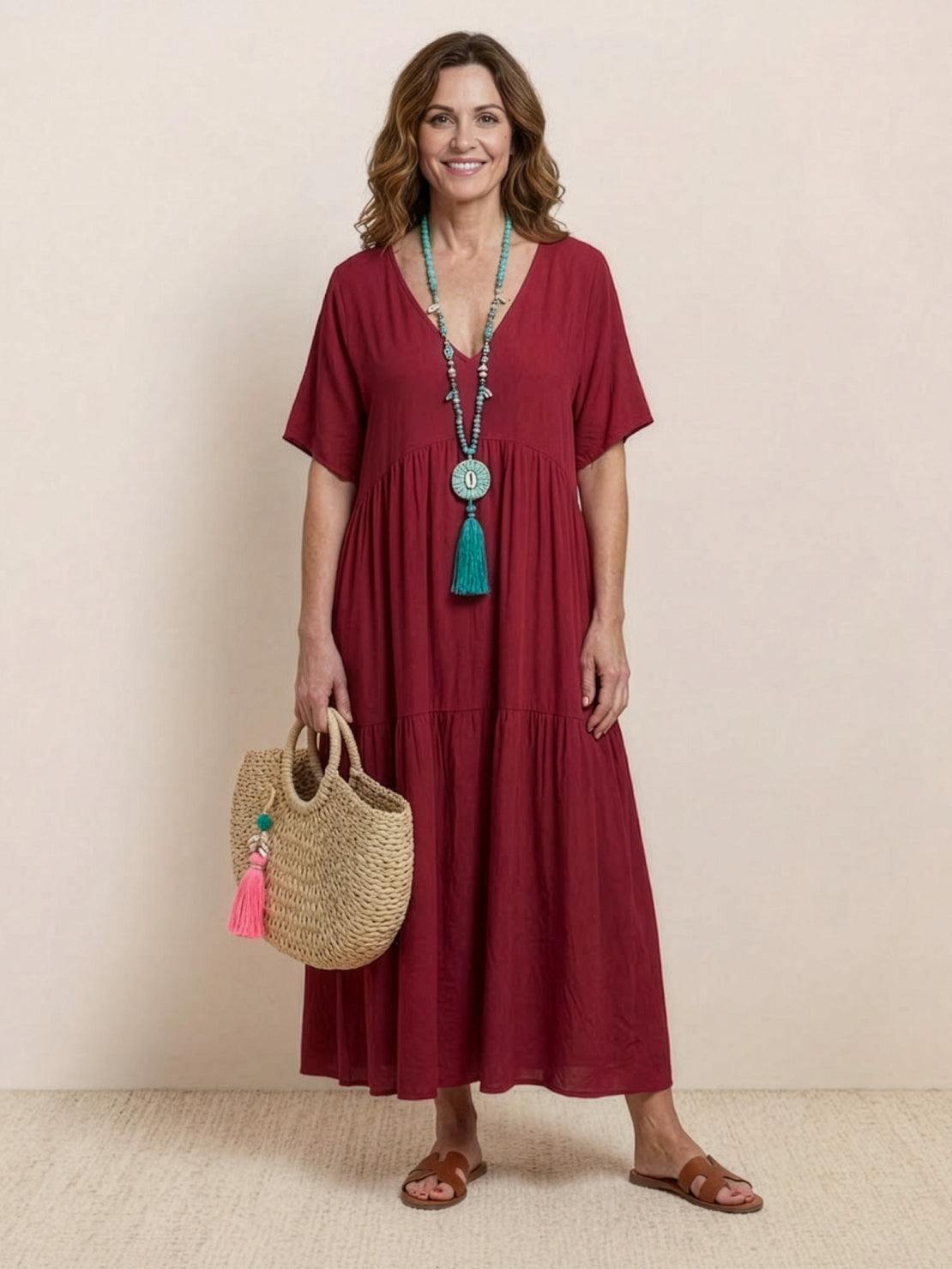 Abito lungo da donna con gonna a balze e silhouette boho rilassata