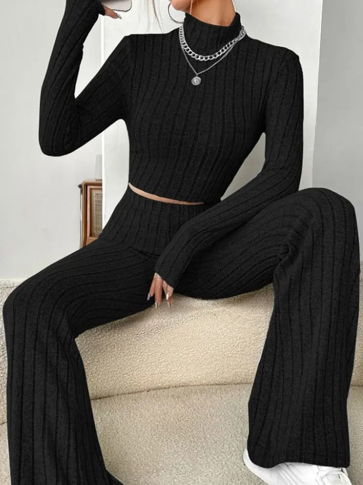 Women’s Black Ribbed Knit Co-Ord Set – High-Neck Top and Flared Trousers
