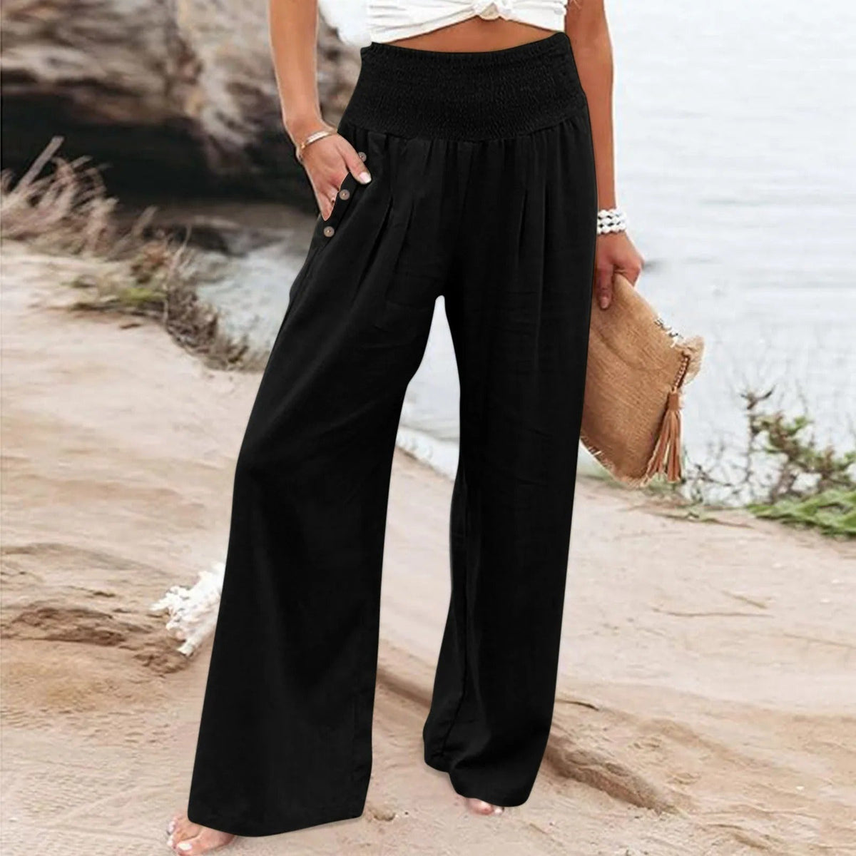 Pantalon palazzo ample pour femme à taille haute smockée et poches latérales – pantalon fluide et décontracté pour les vacances d’été et le quotidien