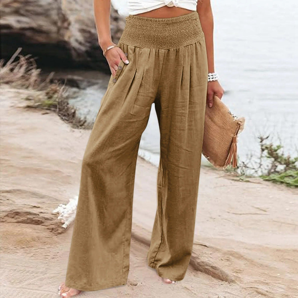 Pantalon palazzo ample pour femme à taille haute smockée et poches latérales – pantalon fluide et décontracté pour les vacances d’été et le quotidien