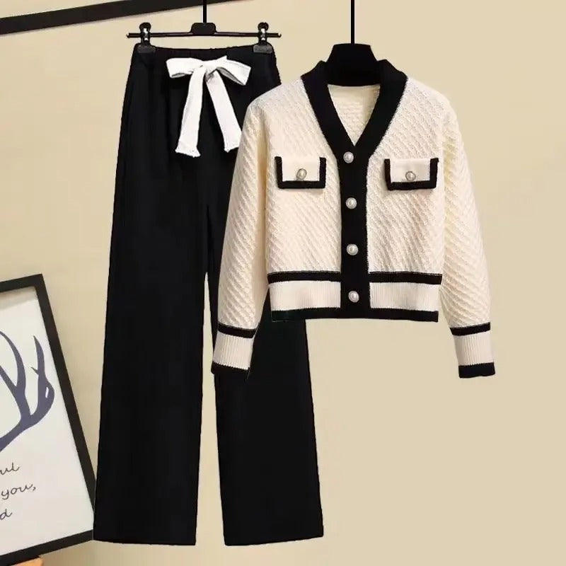 Set de cardigan tricotat și pantaloni cu croială largă pentru femei, cu margini contrastante - ținută elegantă și lejeră asortată pentru toamnă și iarnă